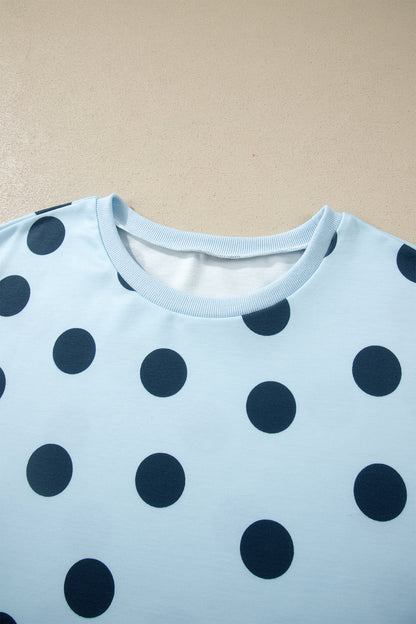 Sky Blue Polka Dot Print Loose Tee Drawstring Elastic Waist Short Set - Snoopy's Closet