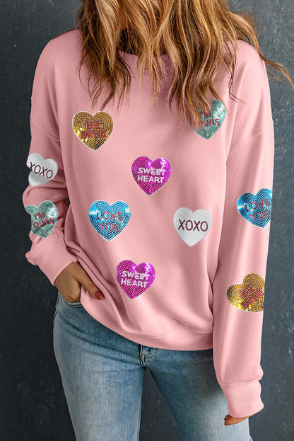 Sudadera de San Valentín con corazón gráfico y letras románticas de lentejuelas rosas