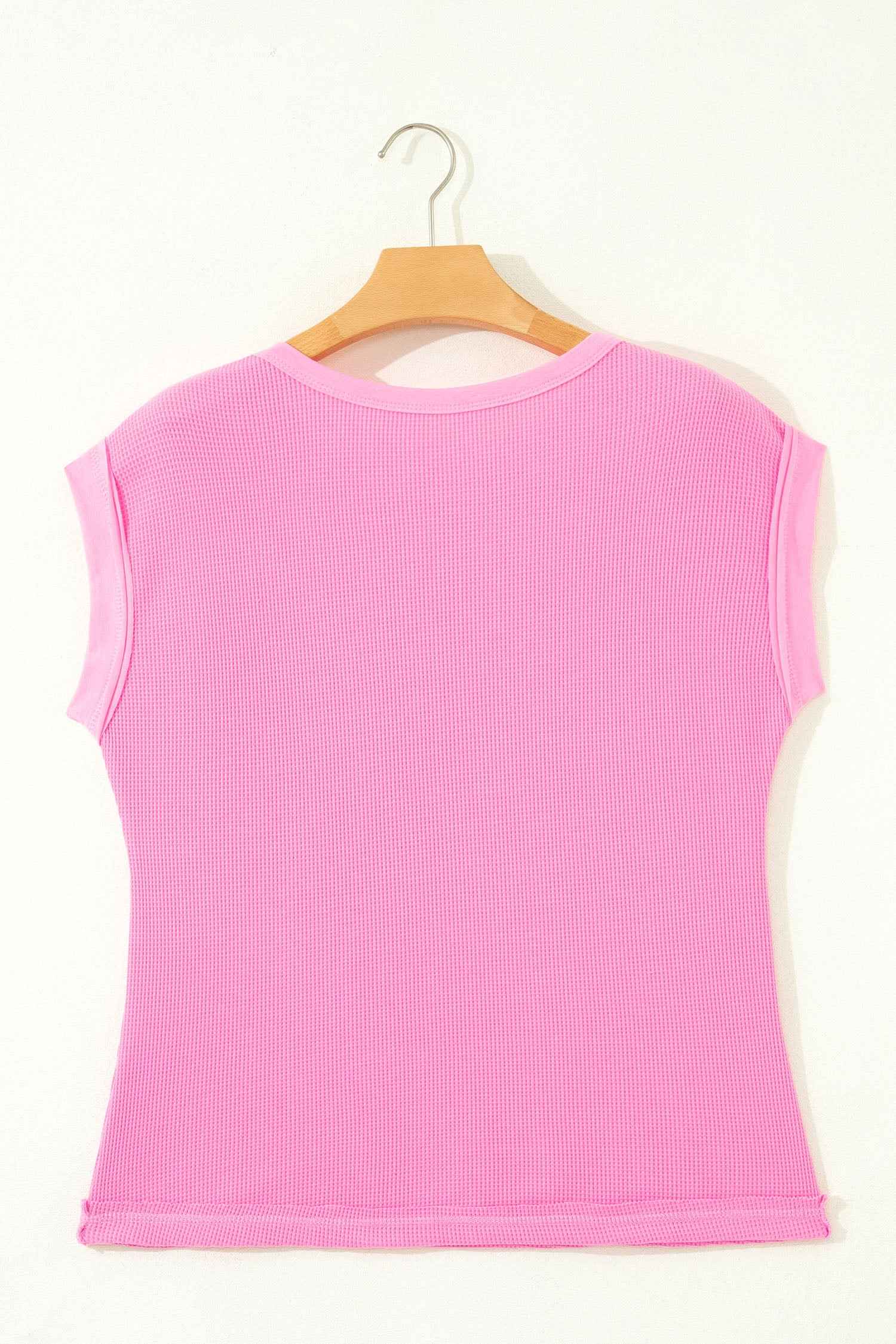 Pink Solid Color Raw Seam Waffled Patchwork Casual T Shirt