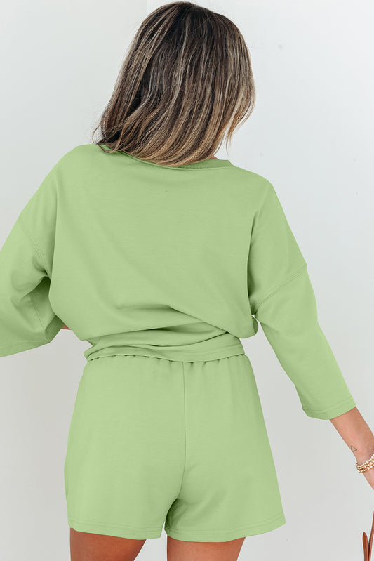 Meadow Mist Green Solid Loose V Neck Half Sleeve Tee and Shorts - Snoopy's Closet