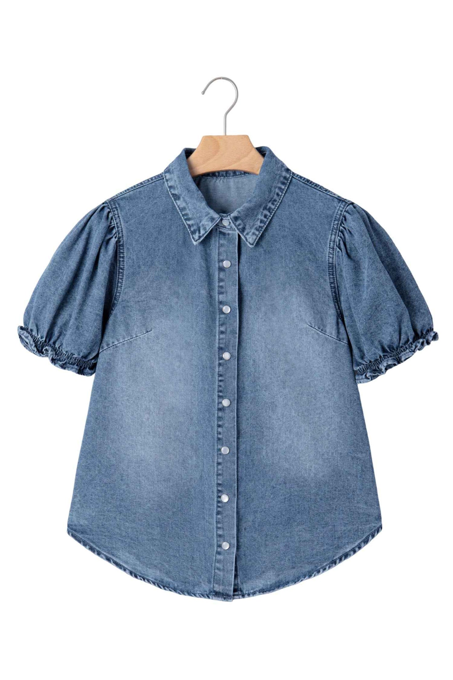 Beau Blue Frilled Short Sleeve Snap Button Denim Shirt