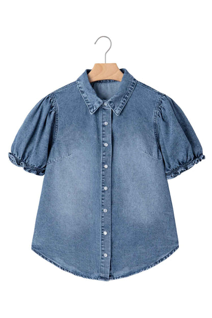 Beau Blue Frilled Short Sleeve Snap Button Denim Shirt