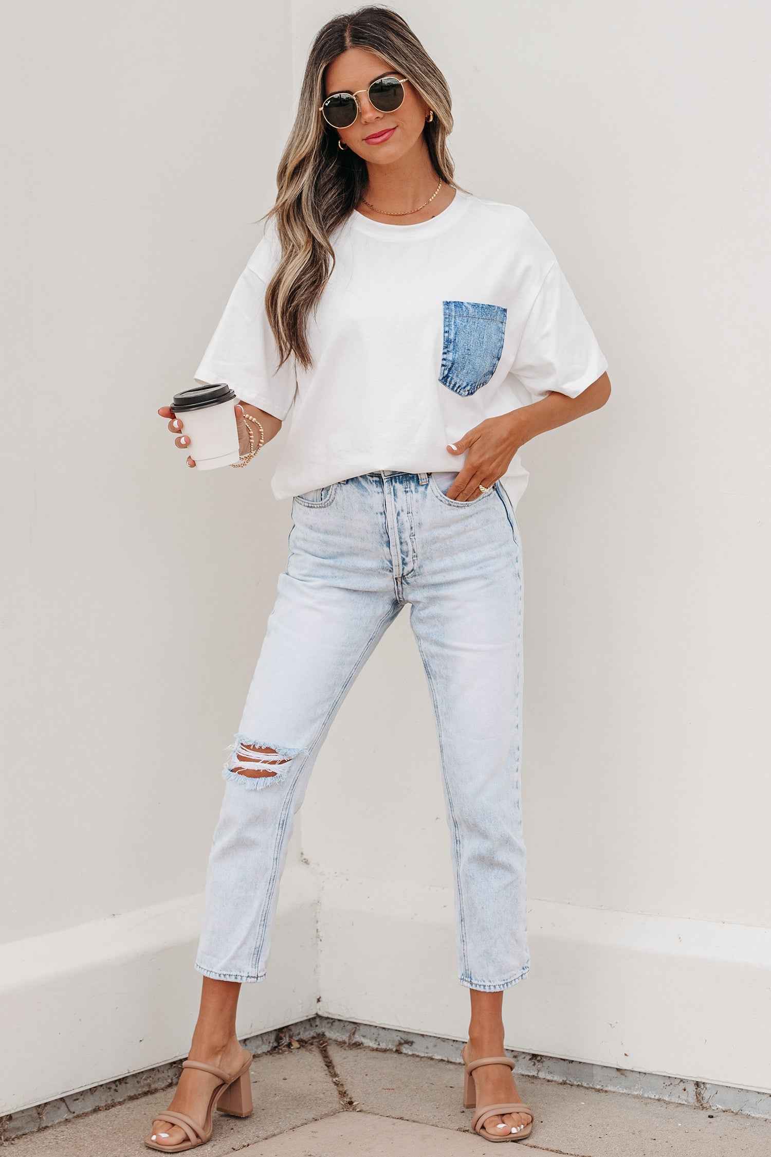 White Color Block Chest Pocket Patched Casual Short Sleeve Top