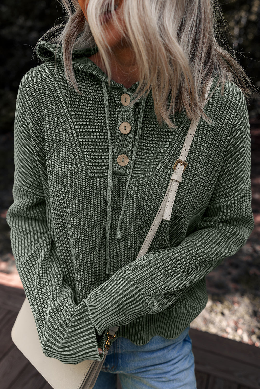 Mist Green Mineral Wash Ribbed Knit Button Drawstring Neck Hooded Sweater - Snoopy's Closet