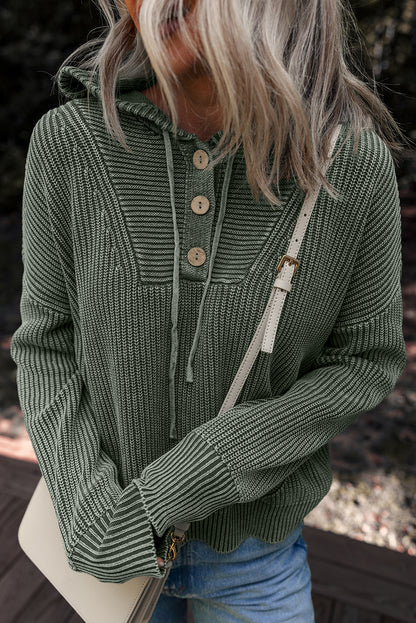 Mist Green Mineral Wash Ribbed Knit Button Drawstring Neck Hooded Sweater - Snoopy's Closet