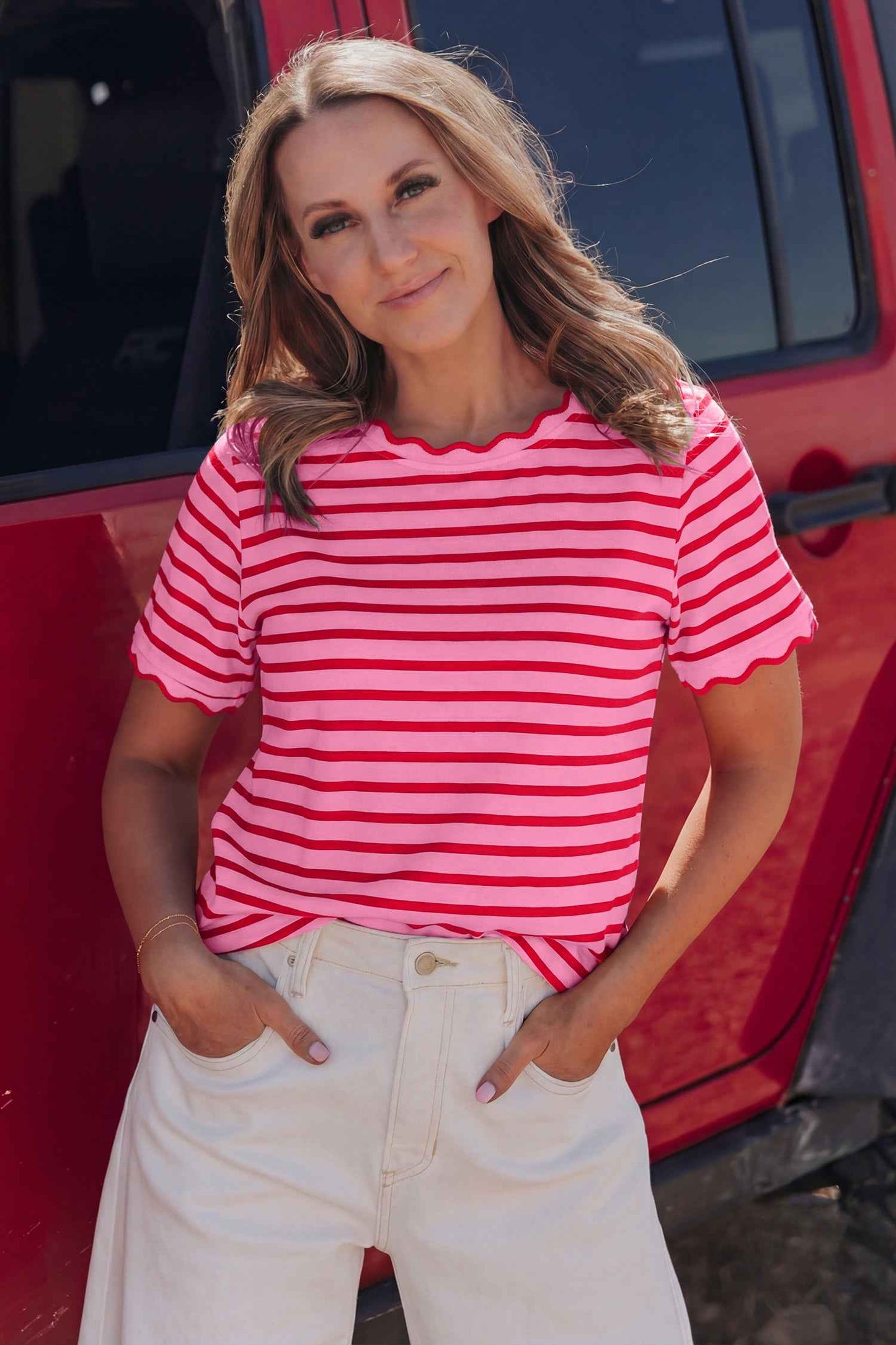 Green Stripe Scalloped Trim Round Neck T Shirt