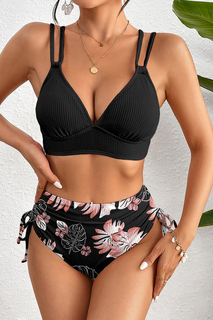 Black Ribbed Knit High Waist 2pcs Bikini Swimsuit - Snoopy's Closet