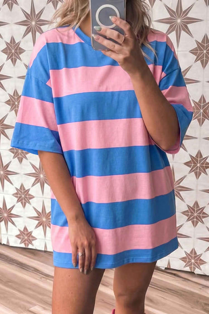 Bright Pink Striped Color Block Oversize Tunic Tee