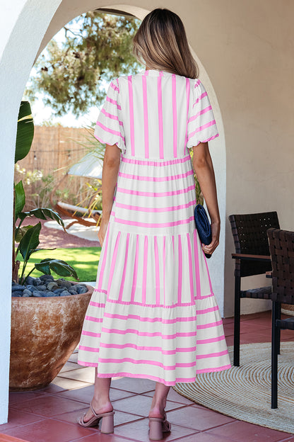 Pink Stripe Ricrac Trim Notched Neck Half Sleeve Vacation Dress - Snoopy's Closet