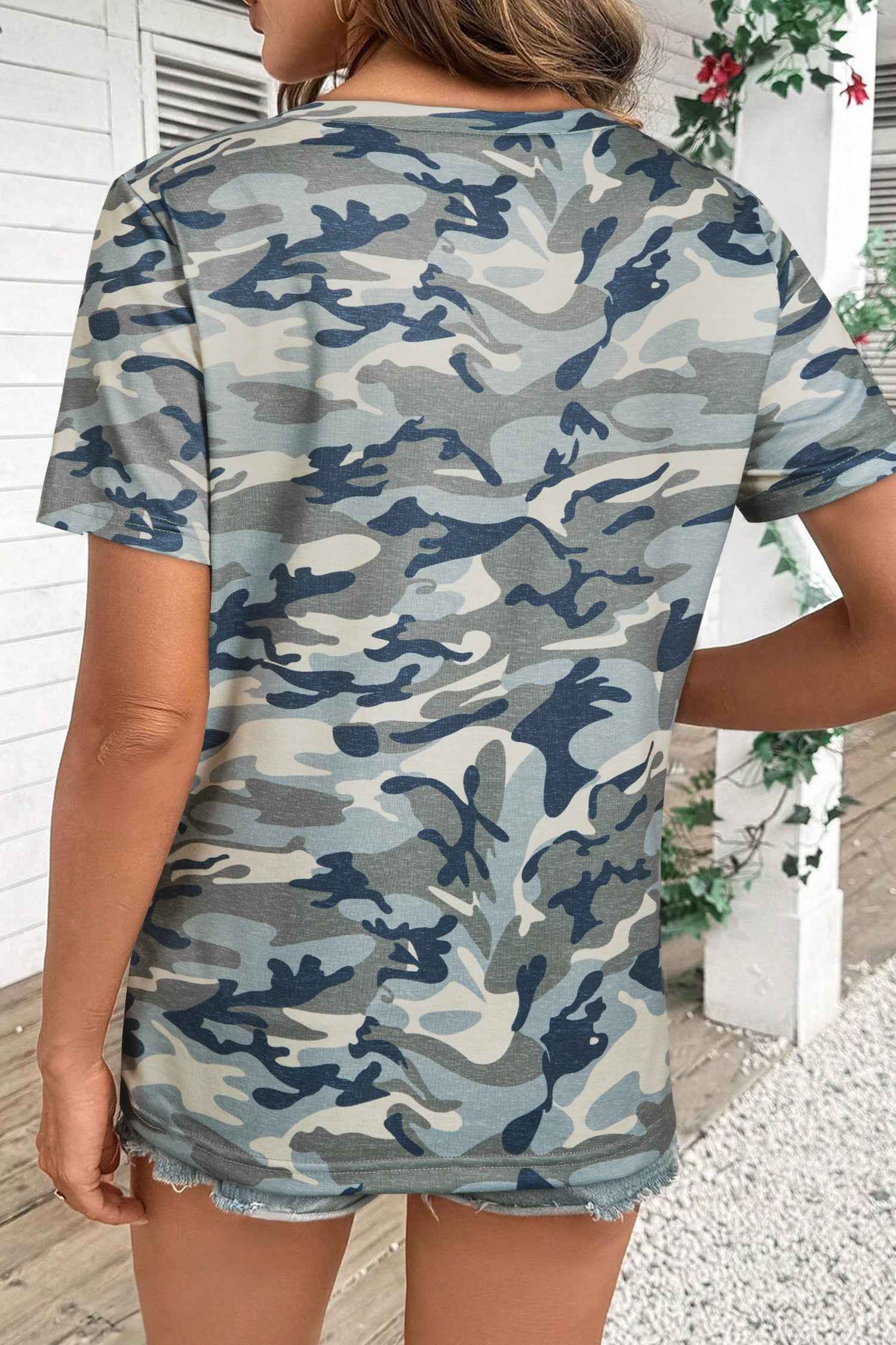 Pink Camouflage Print Crew Neck T Shirt