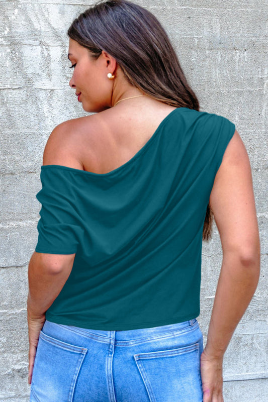 Blue Sapphire Plus Size Solid Color Asymmetric Neck Short Sleeve Blouse - Snoopy's Closet