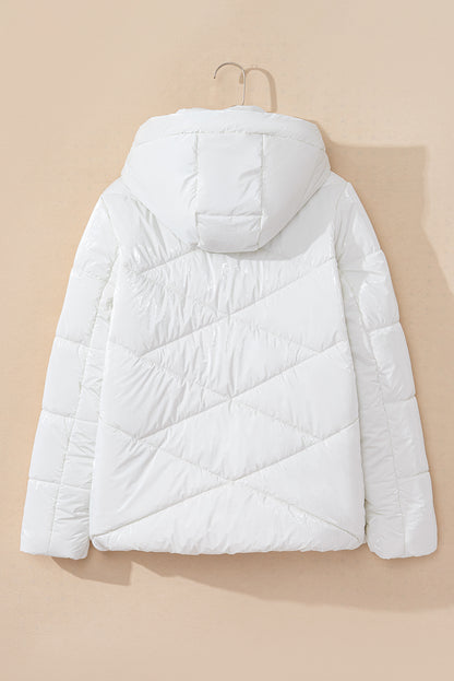 White Solid Quilted Hooded Zip Up Puffer Coat - Snoopy's Closet
