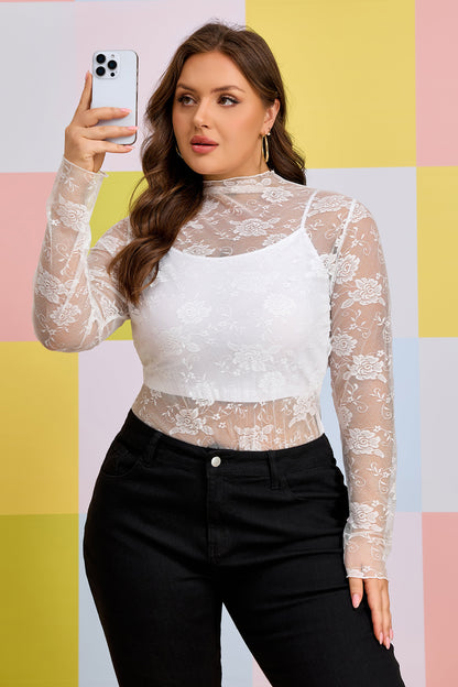 White Plus Size Floral Mesh Long Sleeve Top - Snoopy's Closet
