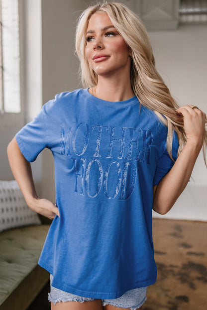 Sky Blue Vintage MOTHERHOOD Letter Graphic T Shirt - Snoopy's Closet