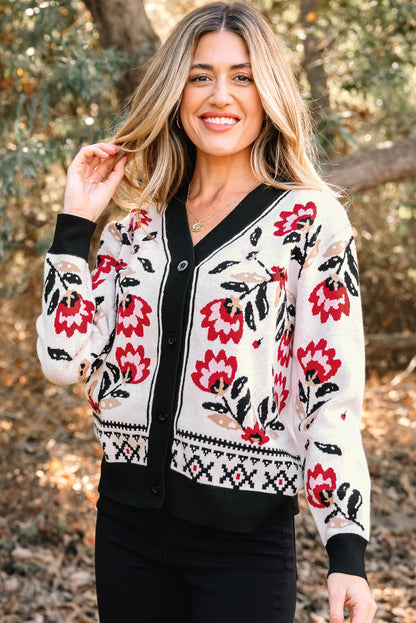 Cárdigan de punto con cuello de pico, botones delanteros y estampado floral beige