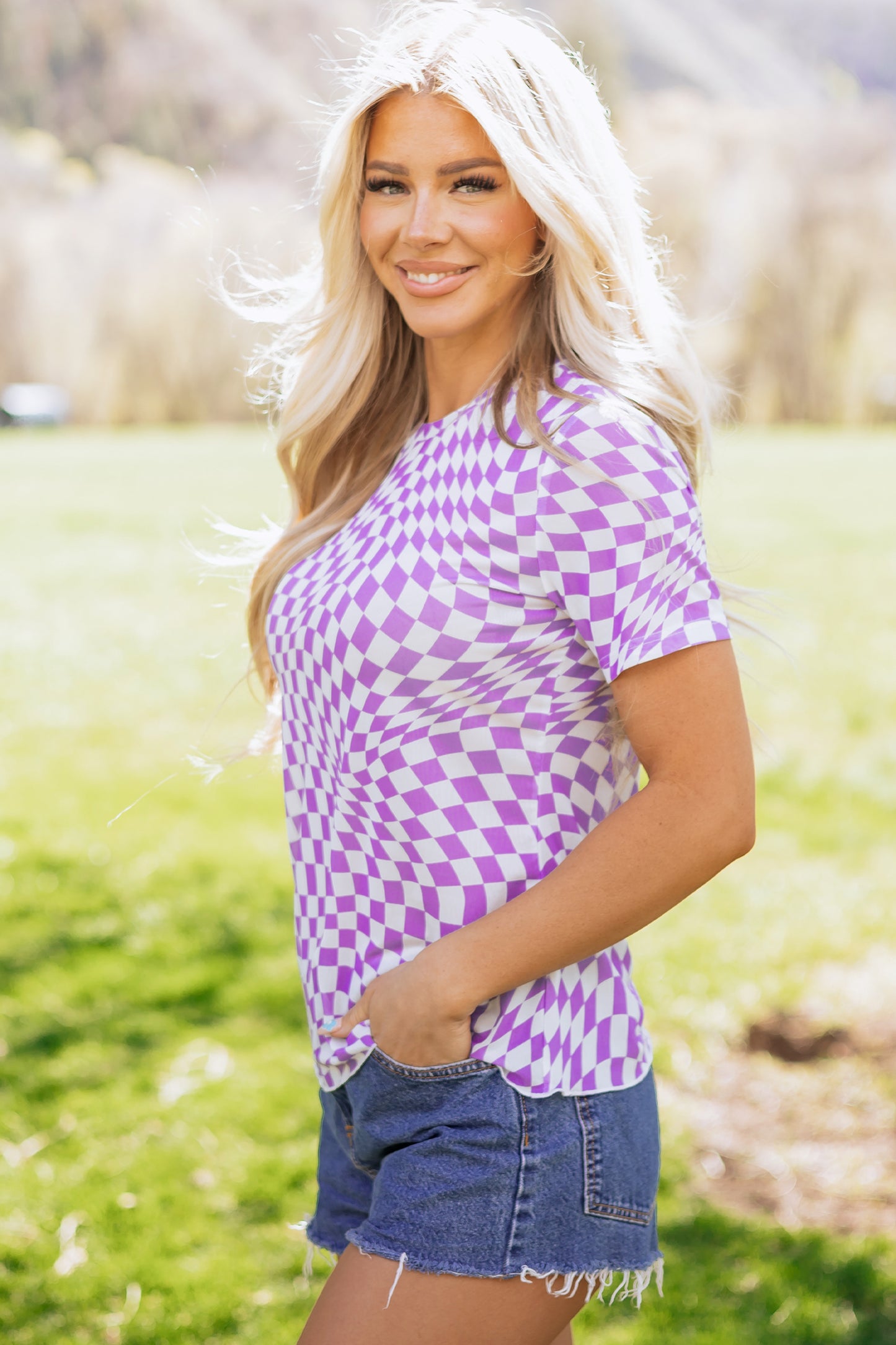 Purple Checkered Print Crew Neck Mesh T Shirt - Snoopy's Closet