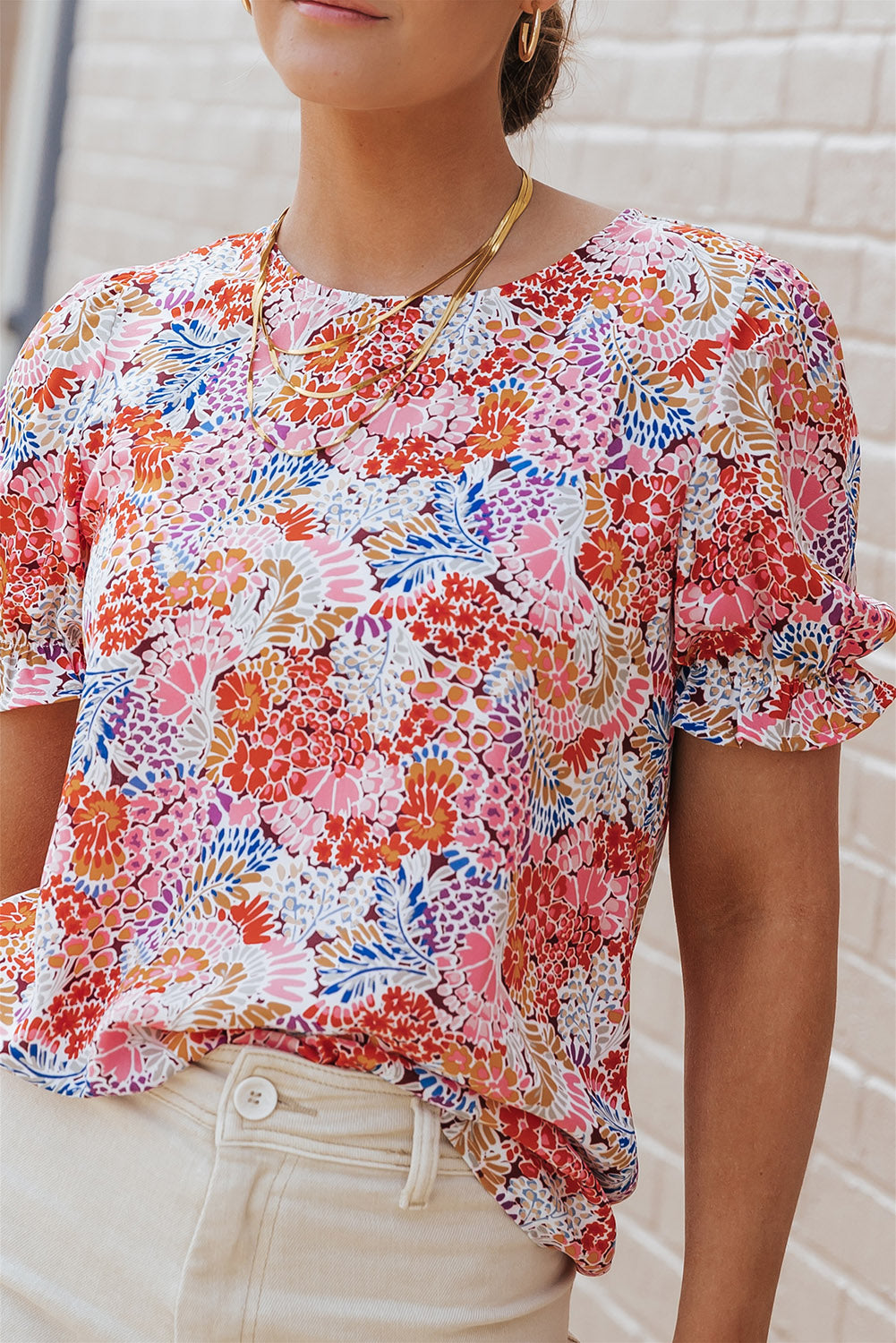 Multicolor Mix Floral Pattern Bubble Sleeve Blouse - Snoopy's Closet