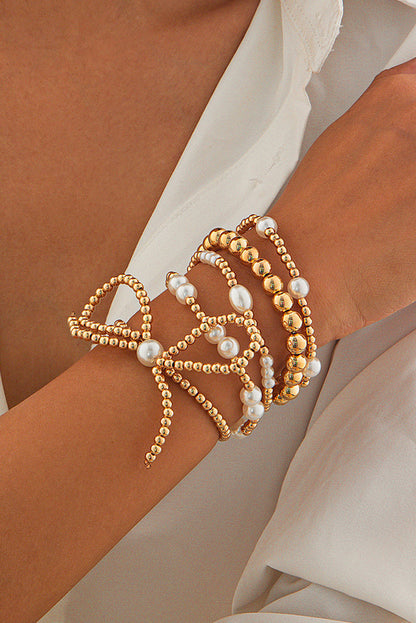 Gold Bow Knot Pearl Beaded Multi Layered Bracelet Set - Snoopy's Closet