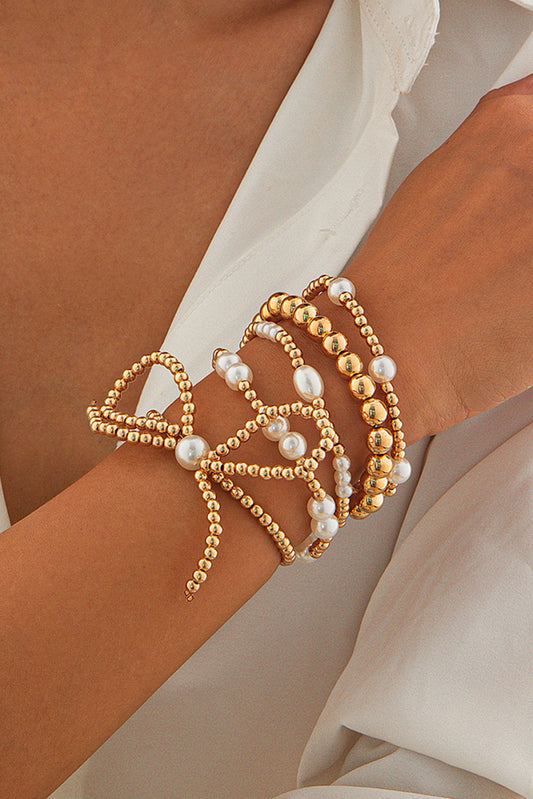 Gold Bow Knot Pearl Beaded Multi Layered Bracelet Set - Snoopy's Closet