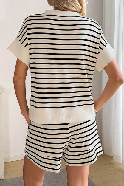 Black Stripe Ribbed Color Block Trim Zip Polo Tee Drawstring Shorts 2pcs Outfit - Snoopy's Closet