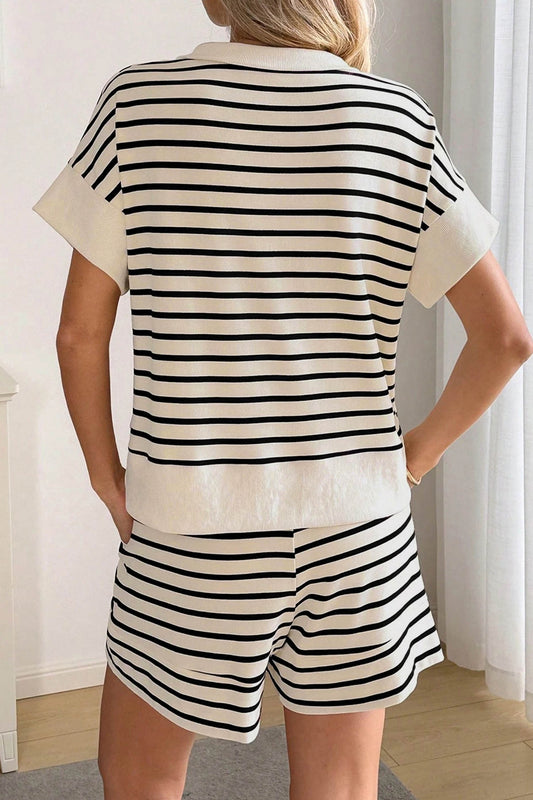 Black Stripe Ribbed Color Block Trim Zip Polo Tee Drawstring Shorts 2pcs Outfit - Snoopy's Closet