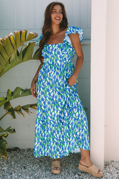 Vestido maxi azul con estampado floral, escote cuadrado y tirantes con volantes