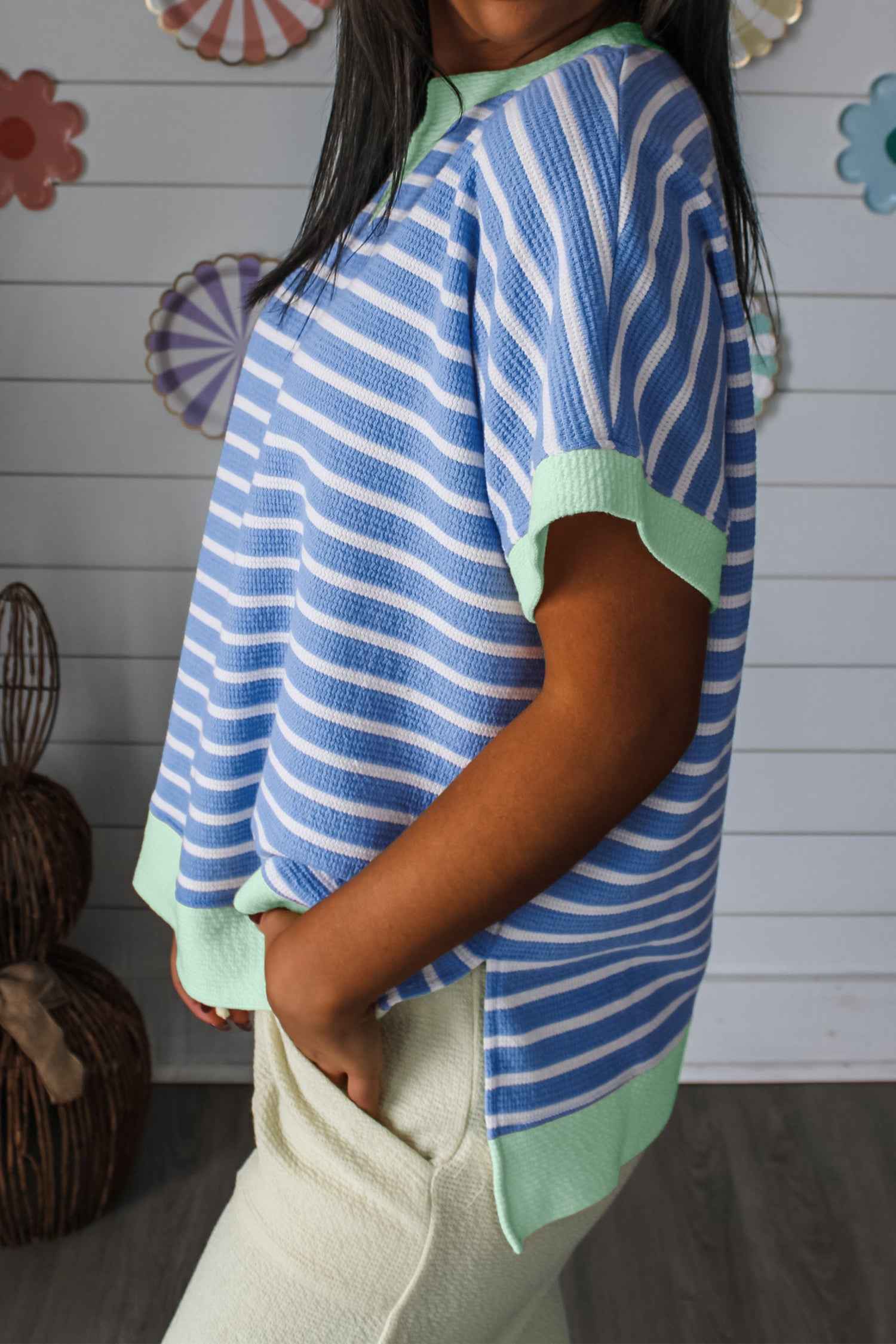 Pink Stripe Contrast Trim Loose Short Sleeve Top