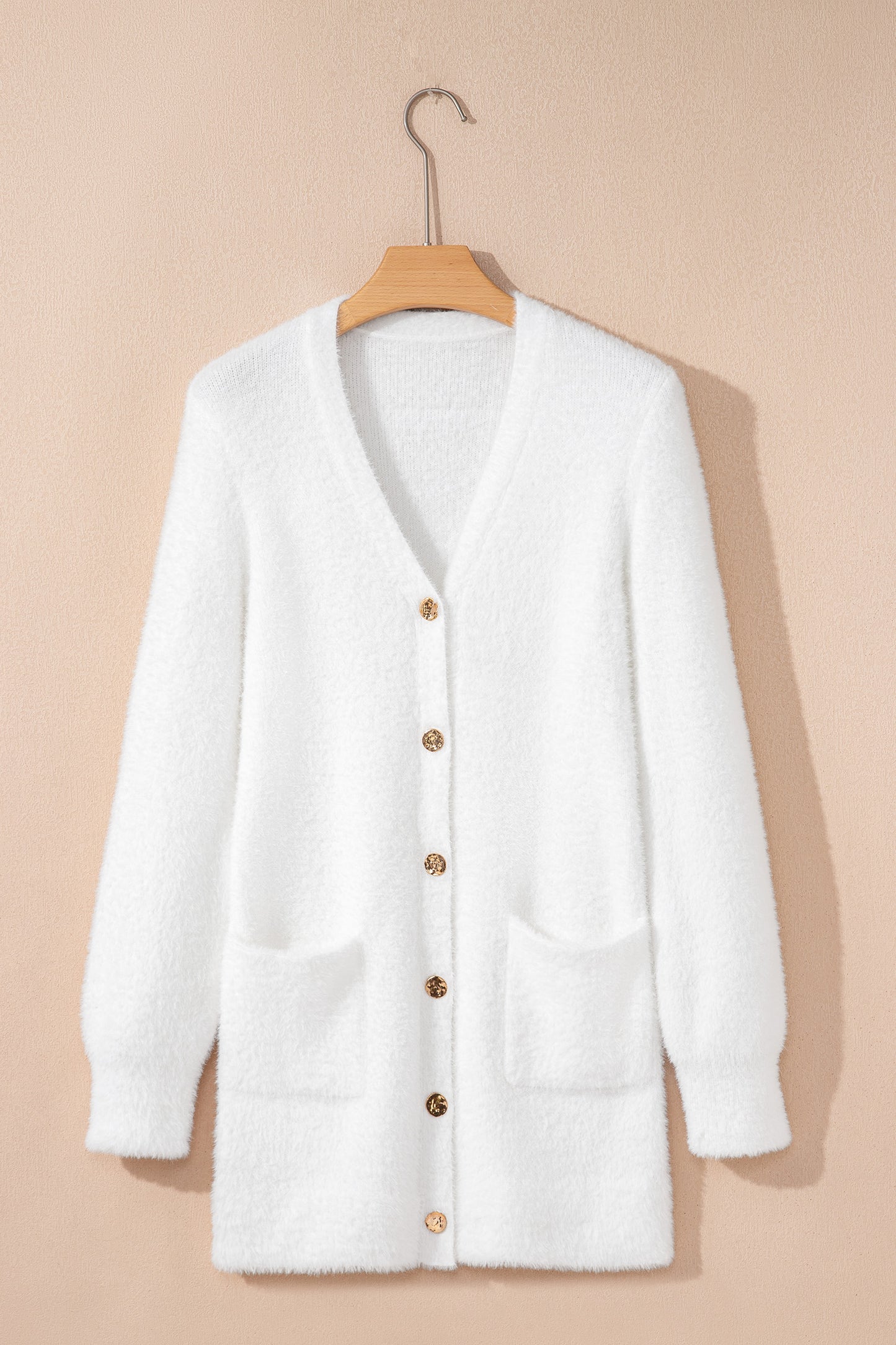 White Fuzzy Buttoned Front Midi Solid Cardigan - Snoopy's Closet