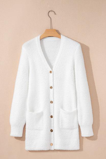 White Fuzzy Buttoned Front Midi Solid Cardigan - Snoopy's Closet