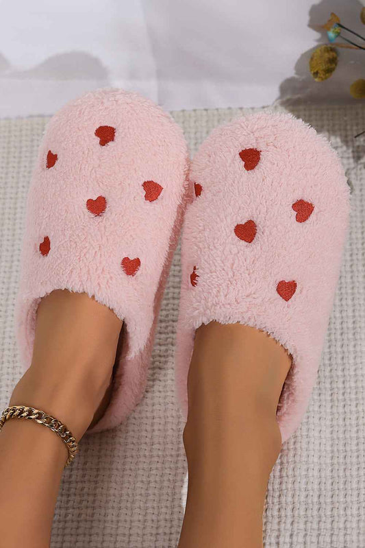 Pink Heart Shape Embroidered Slip On Plush Slippers