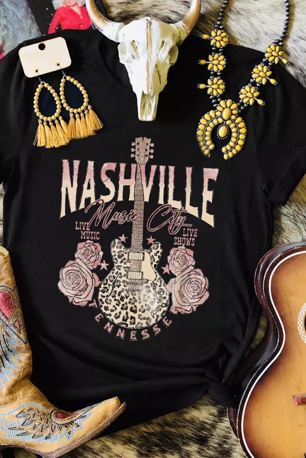 Camiseta negra con estampado de guitarra de leopardo Music City de Nashville