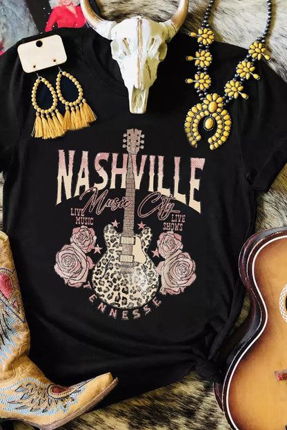 Camiseta negra con estampado de guitarra de leopardo Music City de Nashville