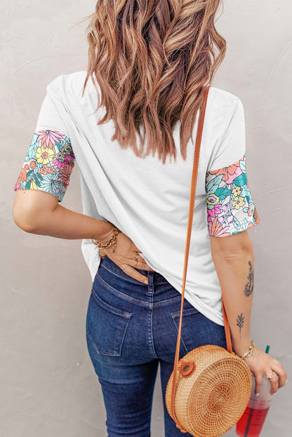White Floral Print Patchwork Short Sleeve Top - Snoopy's Closet