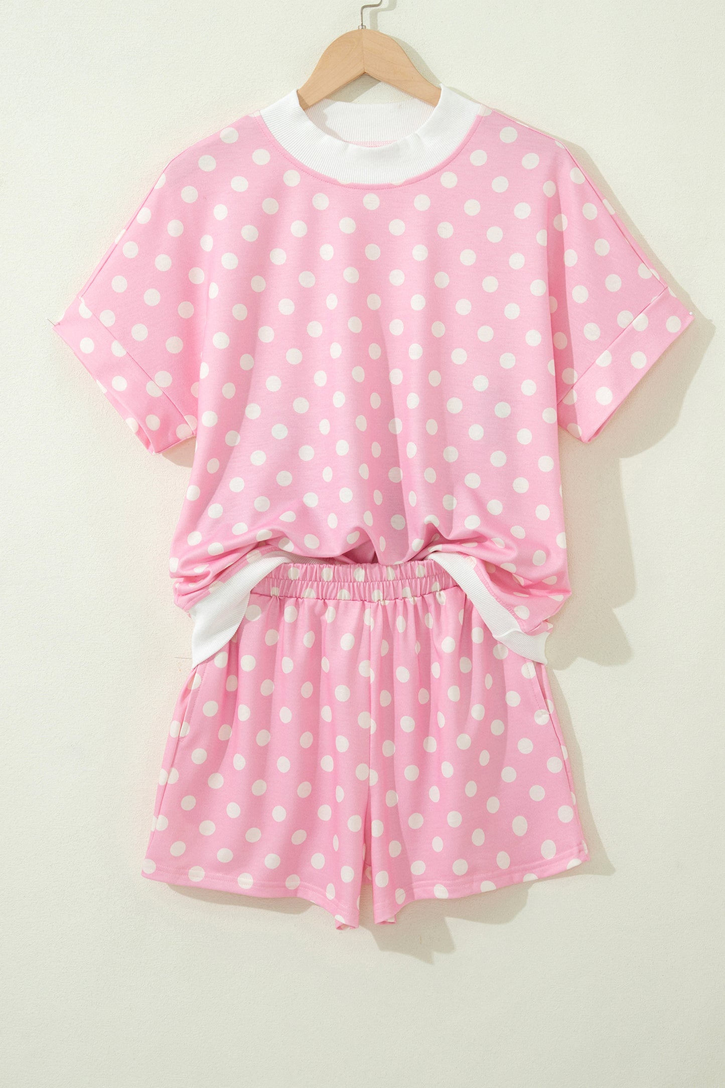 Sky Blue Polka Dot Print Color Block Trim Mock Neck Short Set - Snoopy's Closet
