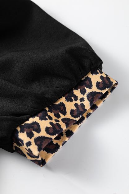Vestido Mini Acampanado de Manga Corta Abullonada con Cuello de Cremallera y Retales de Leopardo Negro