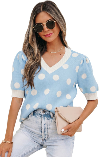 Light Blue Polka Dot Puff Short Sleeve Sweater Top