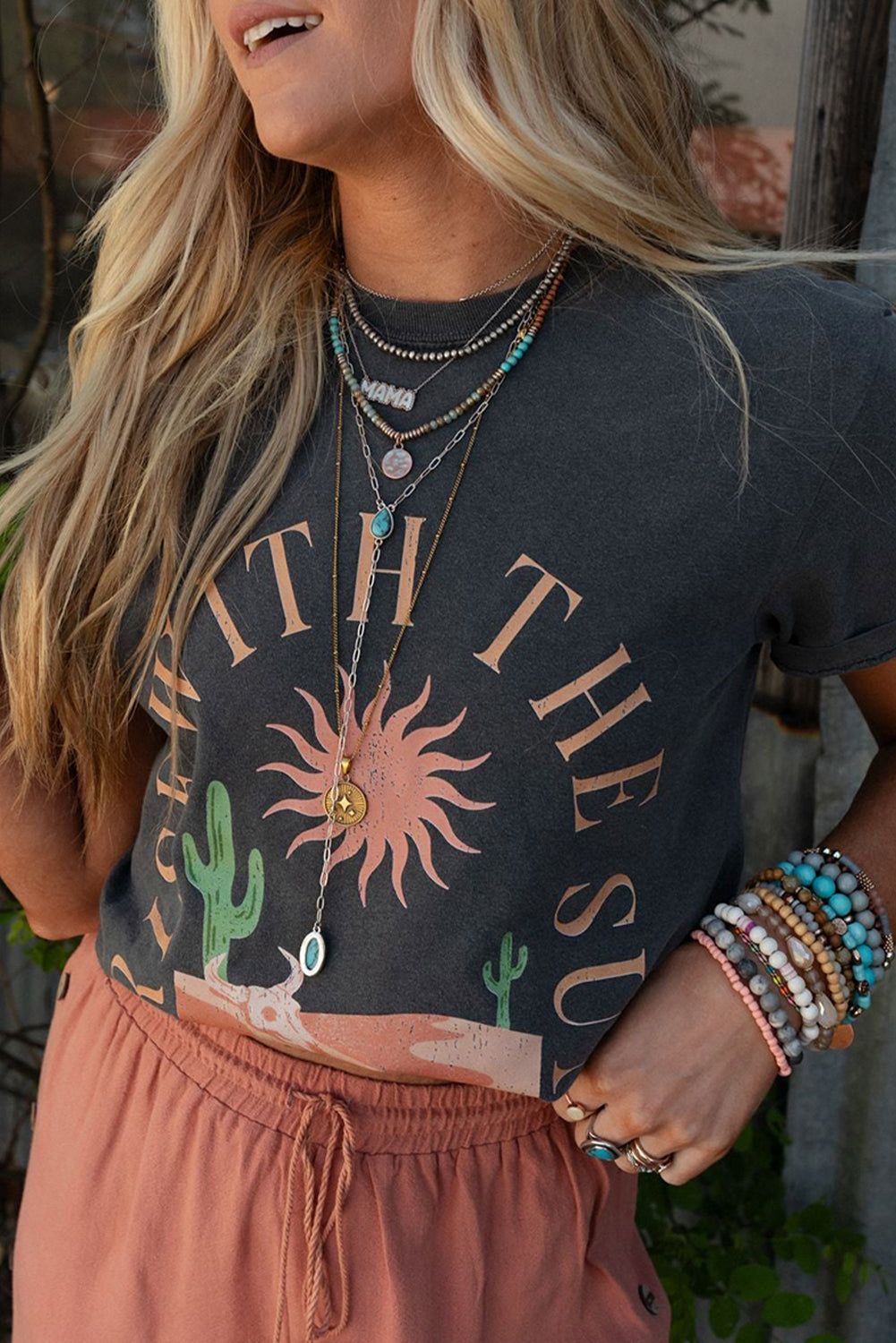 Dark Grey RISE WITH THE SUN Western Fashion Graphic Tee - Snoopy's Closet