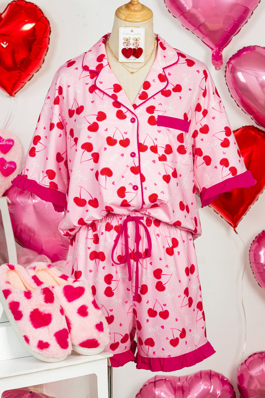 Conjunto corto de pijama con estampado mixto de cerezas y lazo con borde festoneado