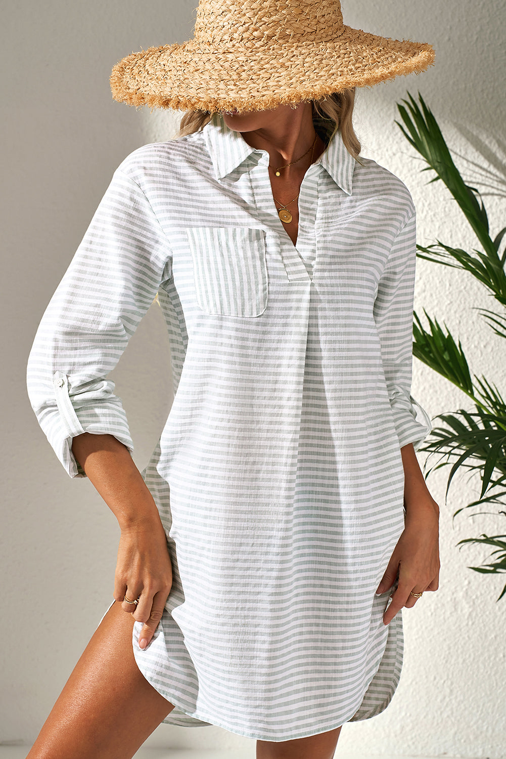 White Stripe Collared V Neck Chest Pocket Long Sleeve Beach Cover up - Snoopy's Closet