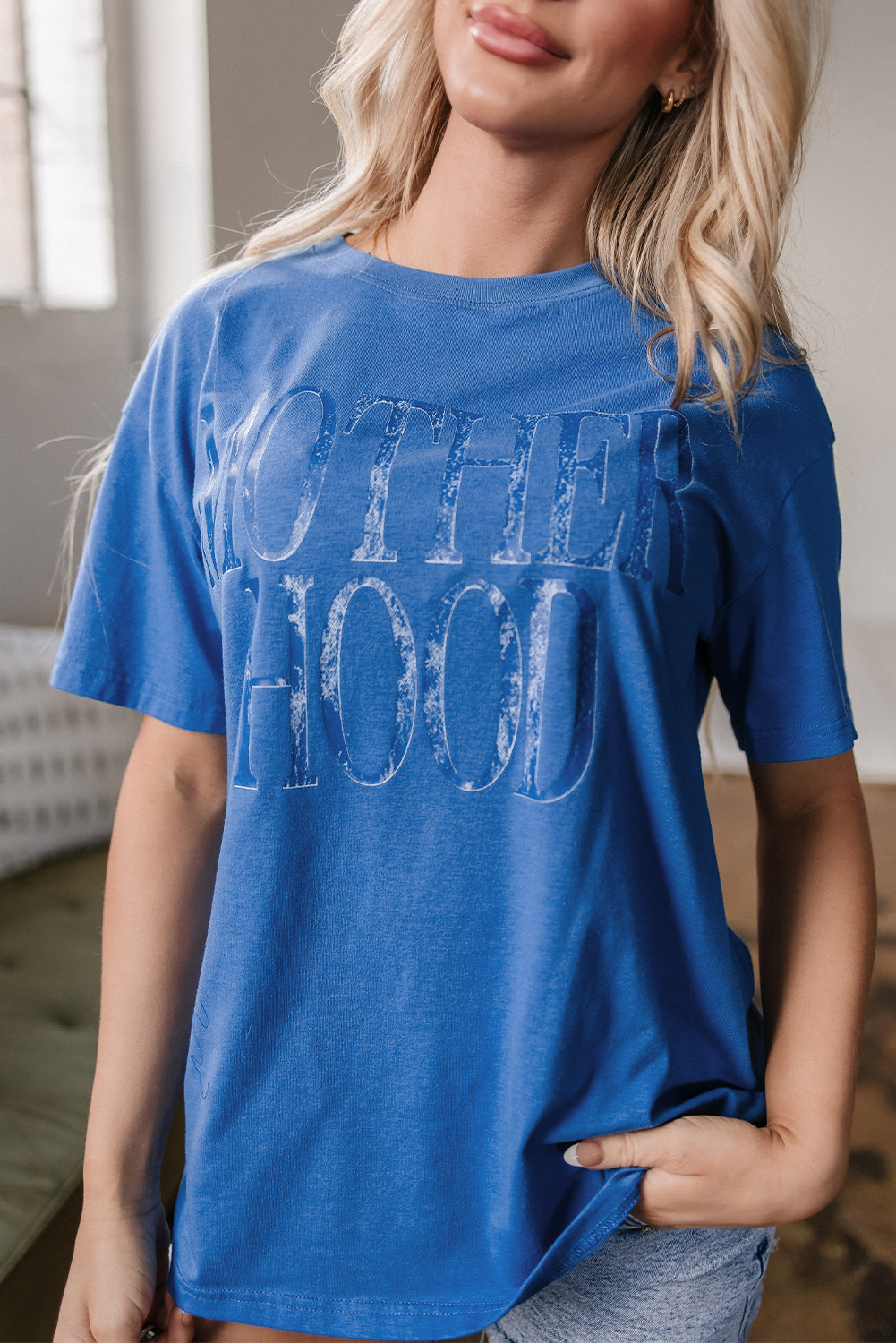 Sky Blue Vintage MOTHERHOOD Letter Graphic T Shirt - Snoopy's Closet