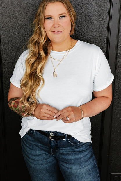 White Round Neck Rolled Sleeve Plus Size T-shirt - Snoopy's Closet