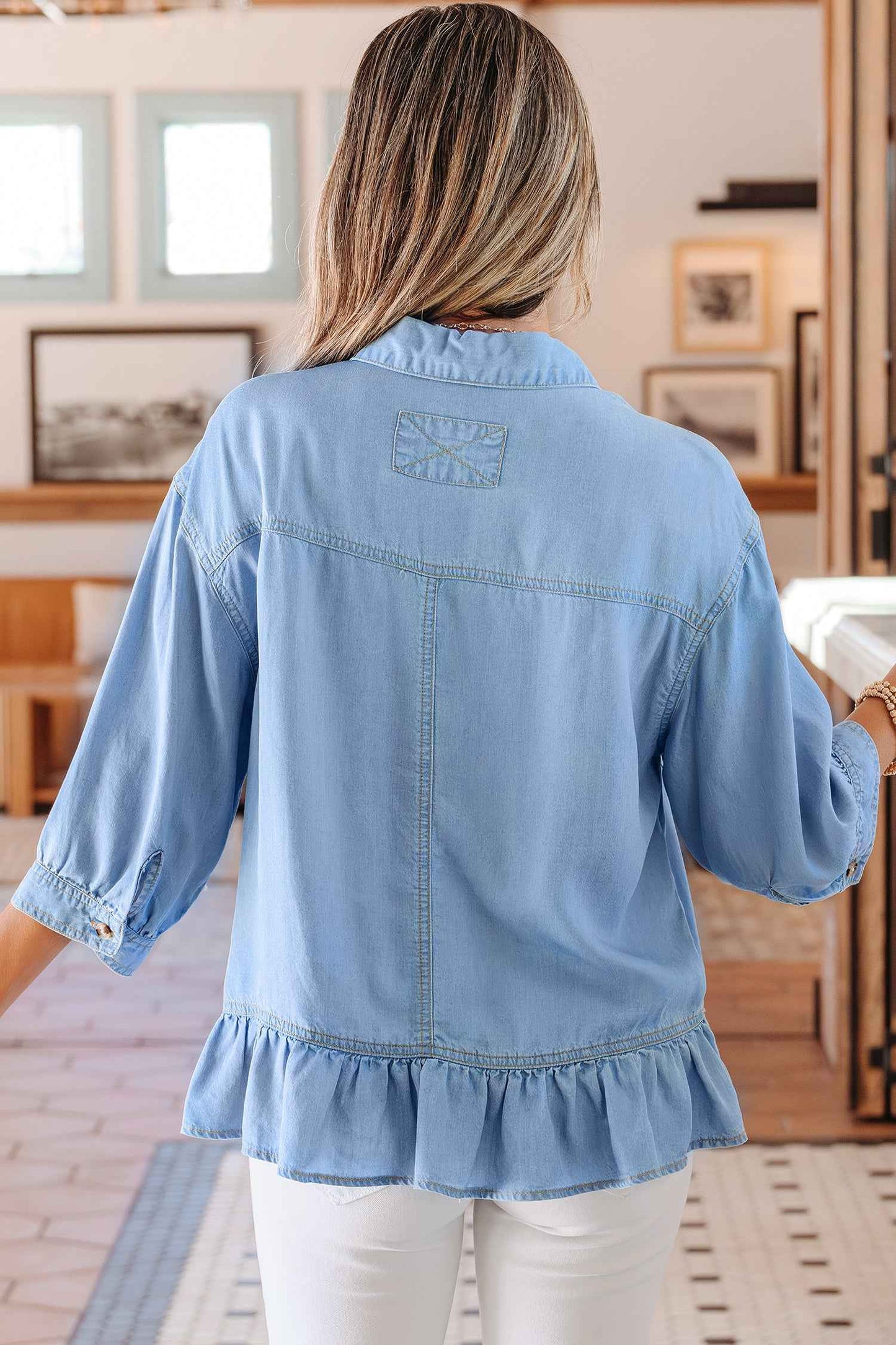 Beau Blue Half Sleeve Button Down Ruffled High Low Chambray Shirt