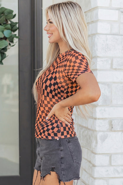 Orange Checkered Print Crew Neck Mesh T Shirt - Snoopy's Closet