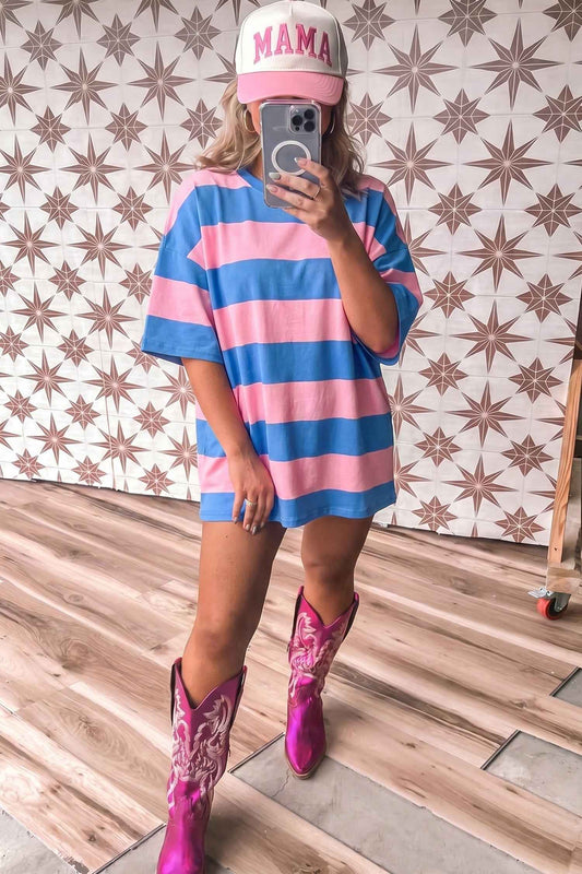 Bright Pink Striped Color Block Oversize Tunic Tee