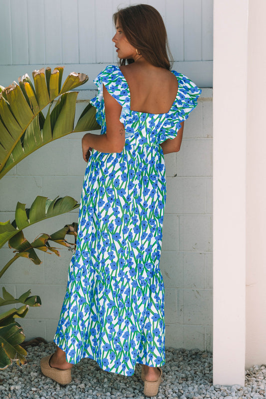 Vestido maxi azul con estampado floral, escote cuadrado y tirantes con volantes