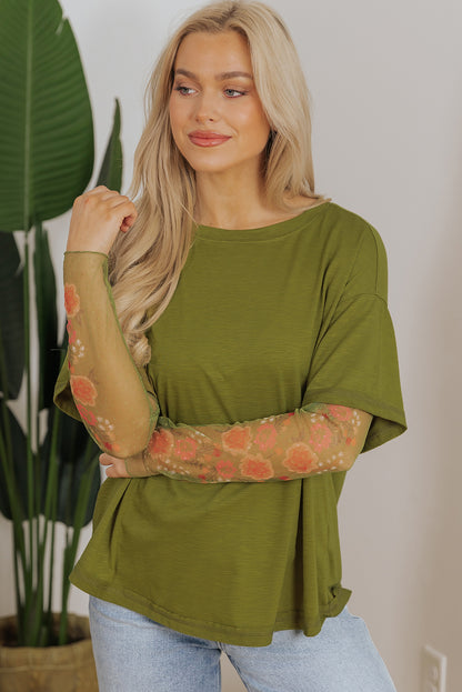 Fern Green Faux Two Piece Floral Long Sleeve Patchwork Tee - Snoopy's Closet