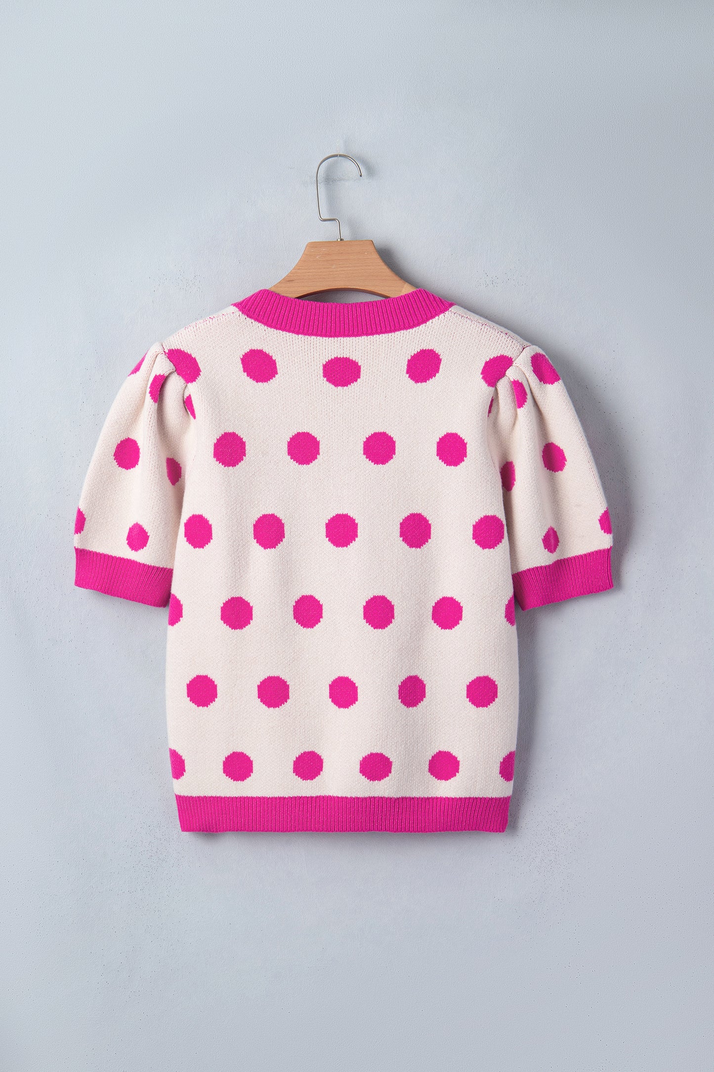 Pink Polka Dot Puff Short Sleeve Sweater Top