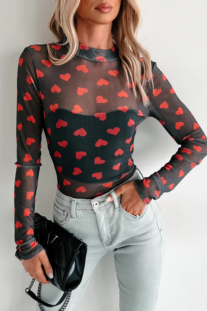 Black Valentines Heart Printed Sheer Mesh Long Sleeve Top - Snoopy's Closet
