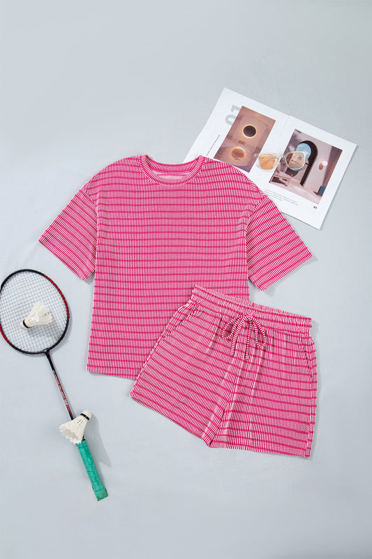 Conjunto de shorts de 2 piezas con camiseta holgada de canalé y estampado de rayas de rosas con cintura elástica con cordón