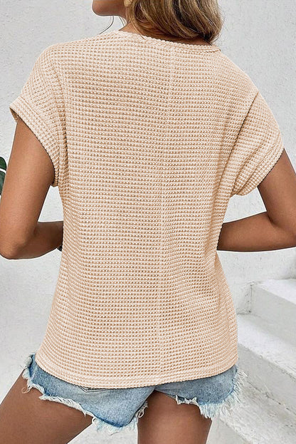 Oatmeal Lace Patchwork Waffle Short Sleeve Top - Snoopy's Closet